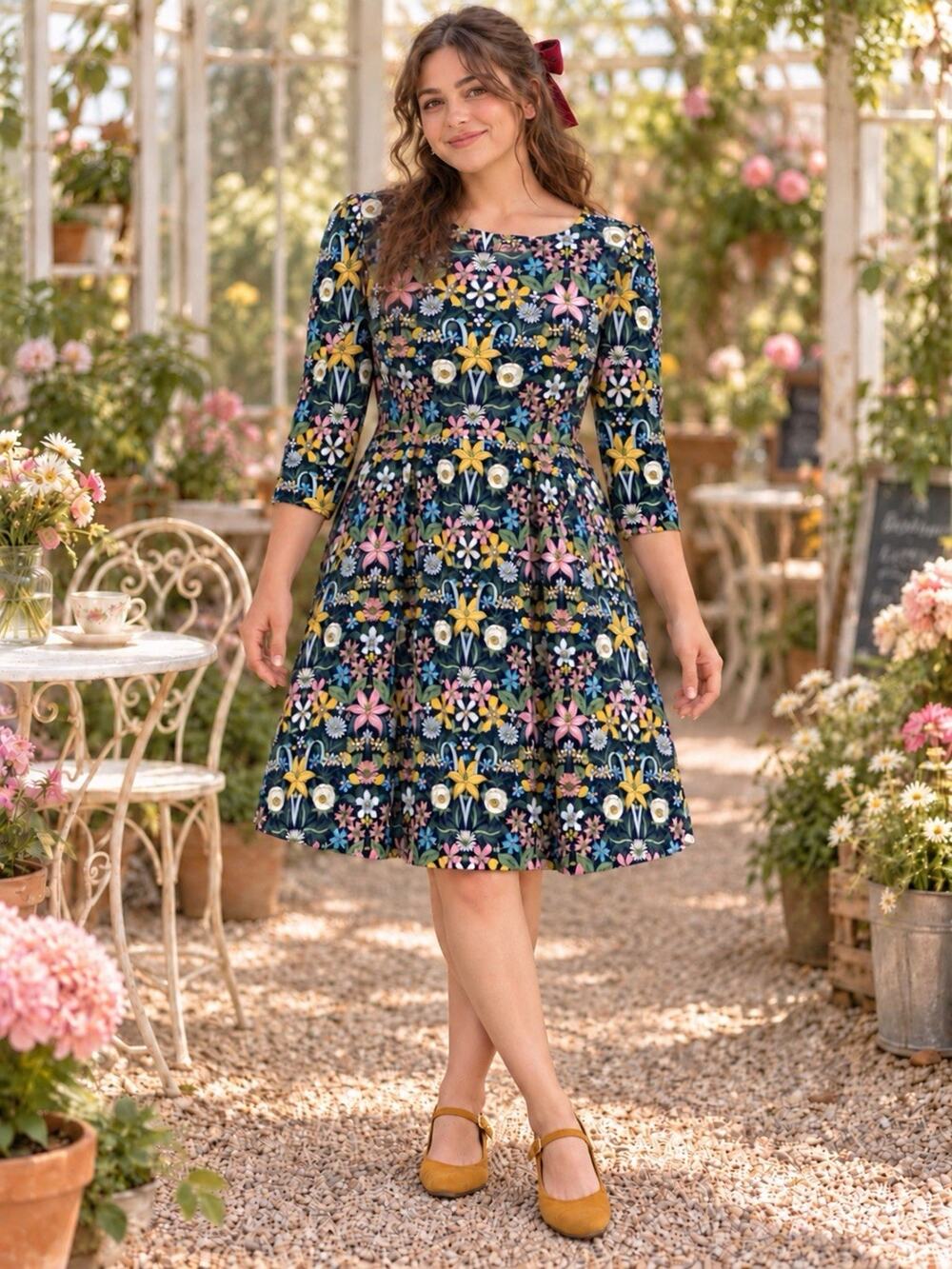 Boden Womens US 20/22 Navy Floral Fit Flare Dress Pockets Cottagecore